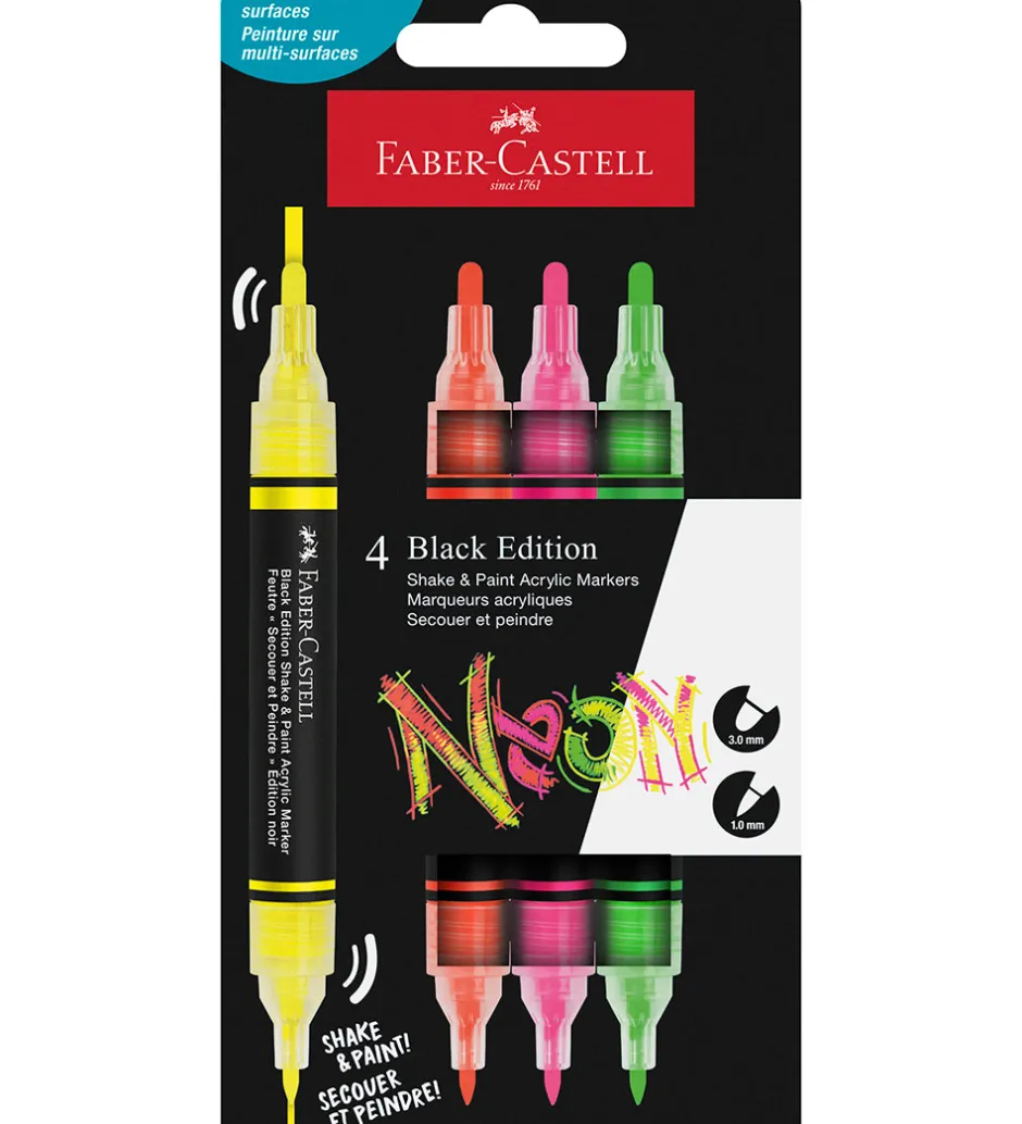 Tuscher Og Farver*Faber-Castell Tuscher - Shake & Paint Akryl - 4 Stk. - Neon