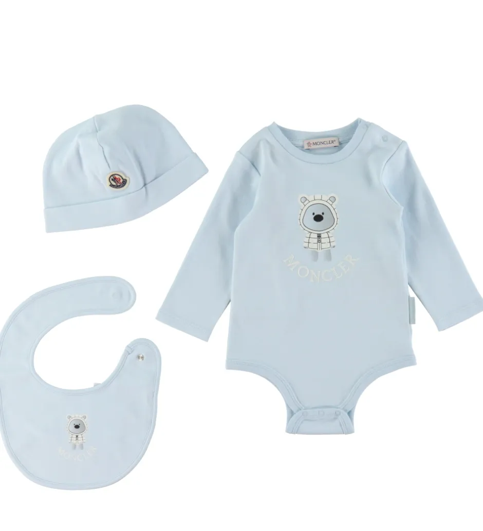 Moncler Sæt - Hue/Savlesmæk/Body l/æ - Lyseblå m. Bamse