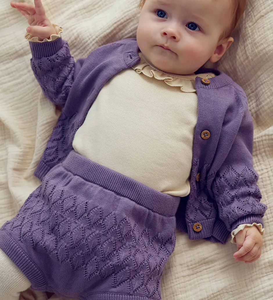 Børn Müsli Cardigan - Strik - Leaf - Lilac Fog m. Hulmønster