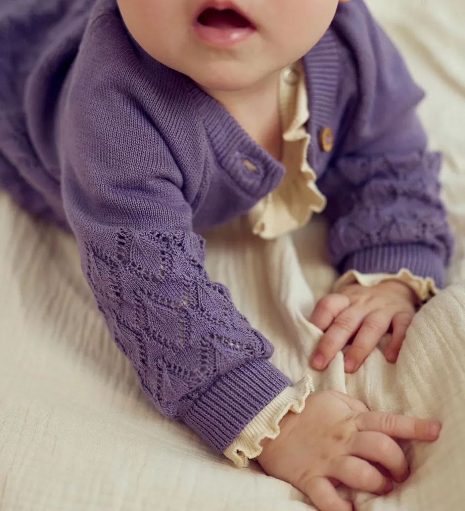 Børn Müsli Cardigan - Strik - Leaf - Lilac Fog m. Hulmønster