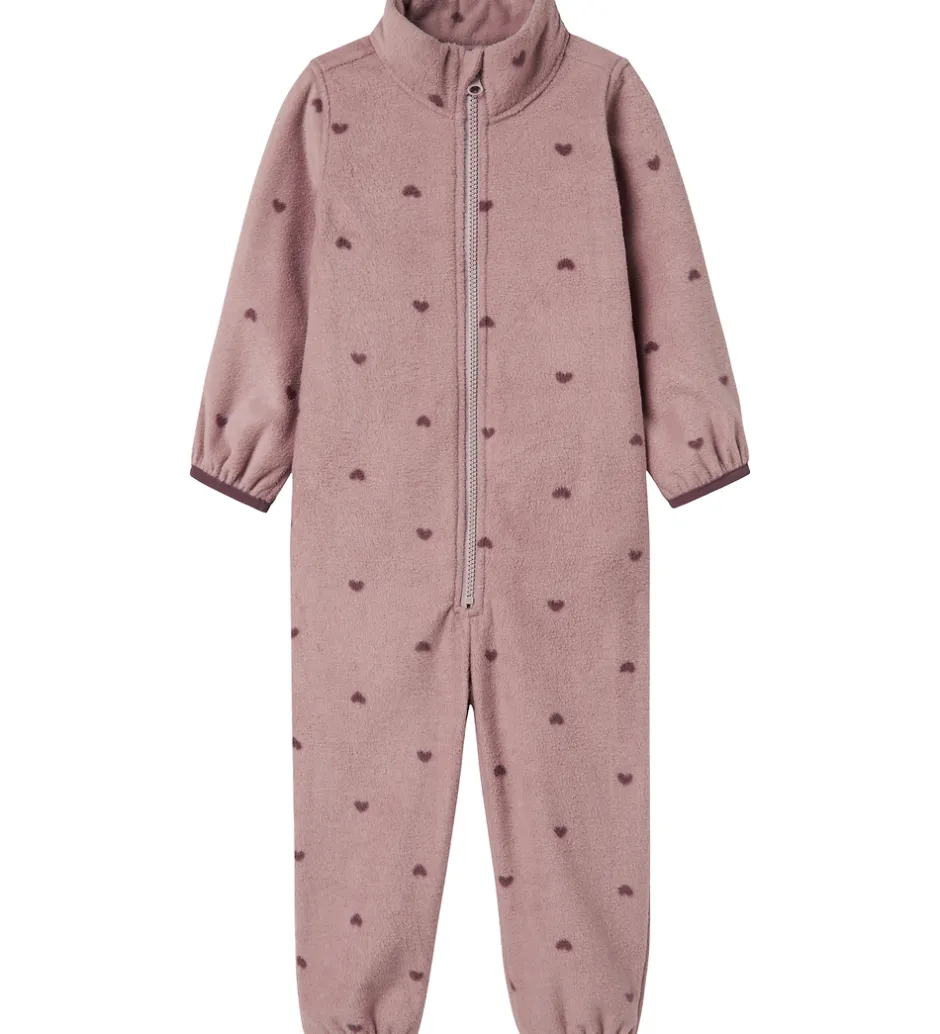 Fleece*Name It Fleecedragt - NmnSpektra - Woodrose m. Hjerter