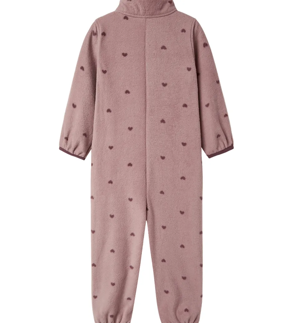 Fleece*Name It Fleecedragt - NmnSpektra - Woodrose m. Hjerter