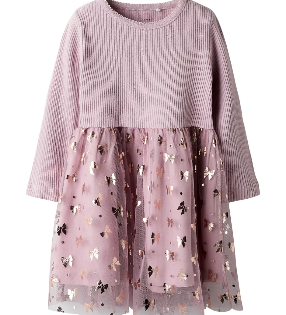 Børn Name It Kjole - Rib/Tyl - NmfRosally - Keepsake Lilac m. Print