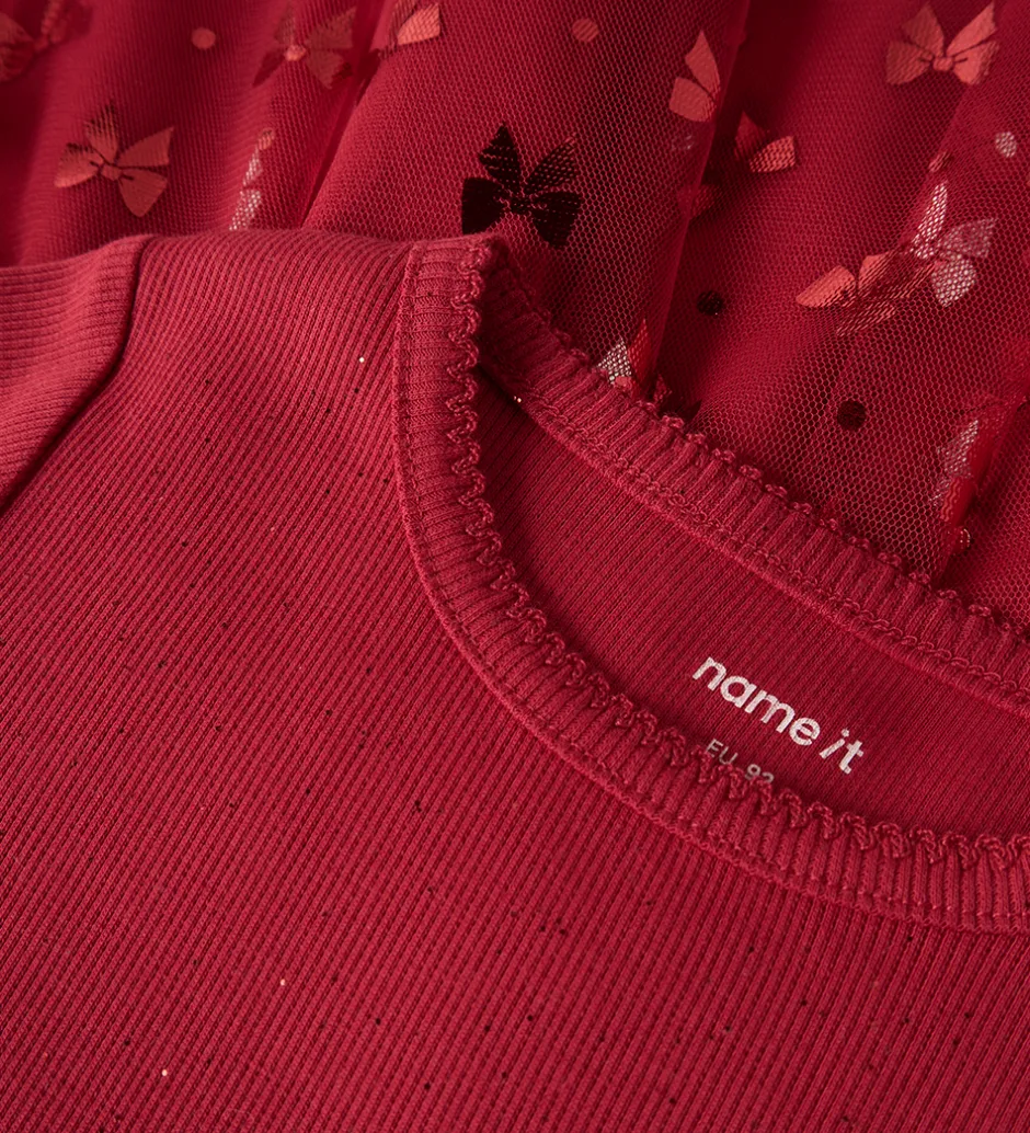 Børn Name It Kjole - Rib/Tyl - NmfRosally - Jester Red m. Print