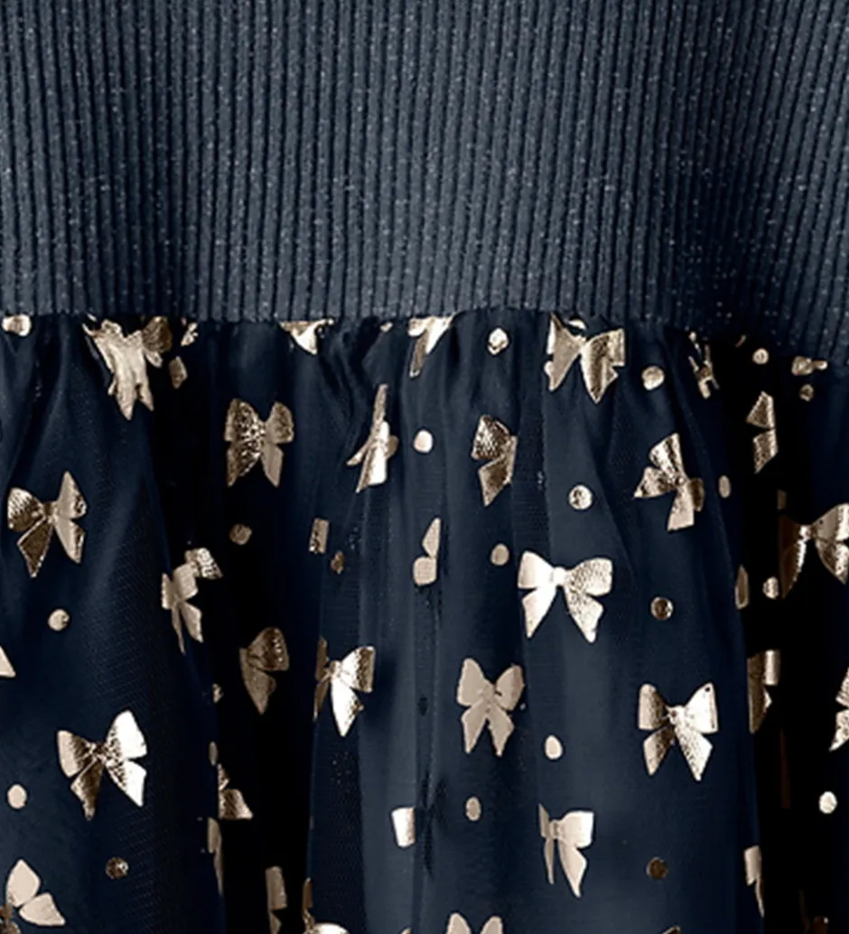 Kjoler|Juletøj*Name It Kjole - Rib/Tyl - NmfRosally - Navy Blazer m. Print