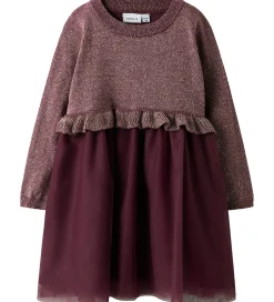 Kjoler|Juletøj*Name It Kjole - Strik - NmfRefraja - Burgundy m. Glimmer/Tyl