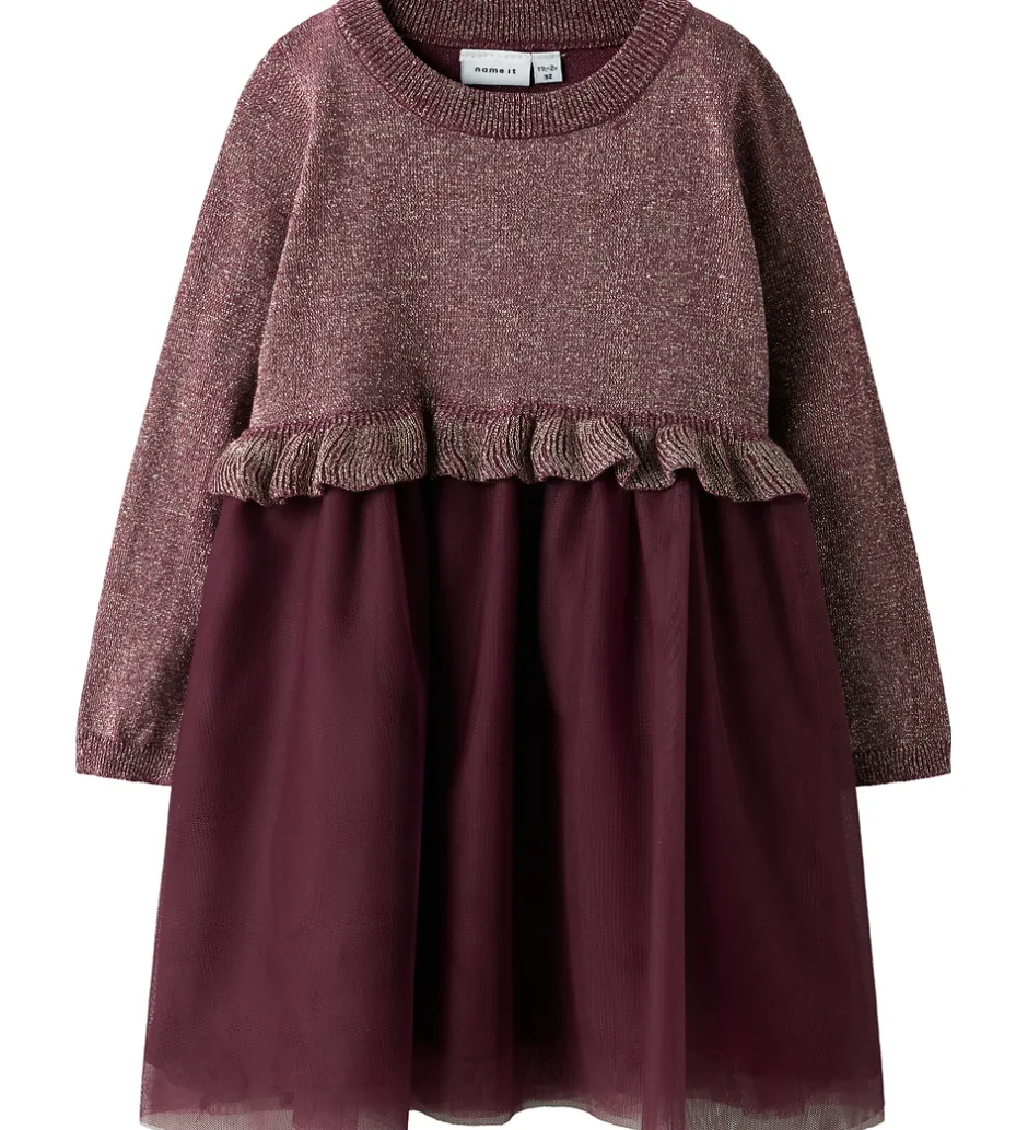 Kjoler|Juletøj*Name It Kjole - Strik - NmfRefraja - Burgundy m. Glimmer/Tyl