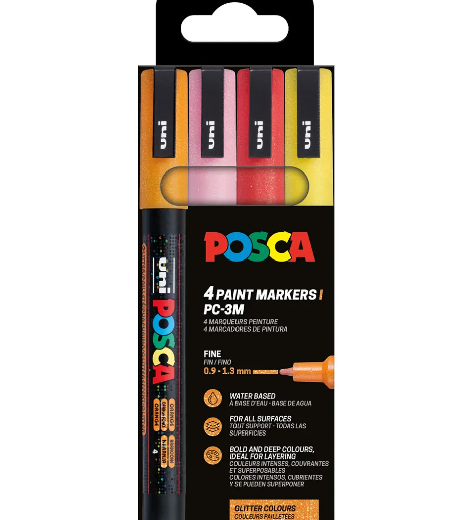 Tuscher Og Farver*Posca Tuscher - PC-3M - 4 stk. - Orange/Rosa/Rød/Gul m. Glimmer