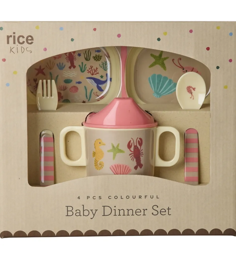 Rice Spisesæt - Melamin - 4 Dele - Koral Ocean Print